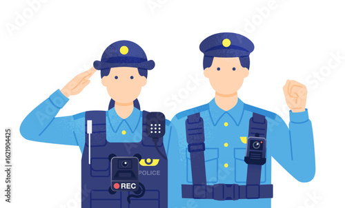 ウェアラブルカメラを付けた男性警官と敬礼する女性警察官 ボディカメラ装着した警察のベクターイラスト