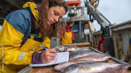 Fisheries observer sorting and measuring various fish species on deck meticulously documenting catch composition while collaborating with crew during daily fishing activities.