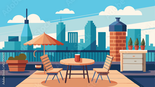 A rooftop terrace with a mix of wood and metal furniture surrounded by a view of the city skyline and industrial chimneys.