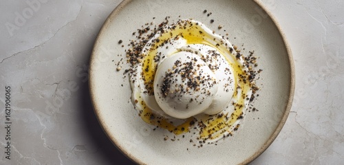 Burrata Cheese on Ceramic Plate with Olive Oil Drizzle