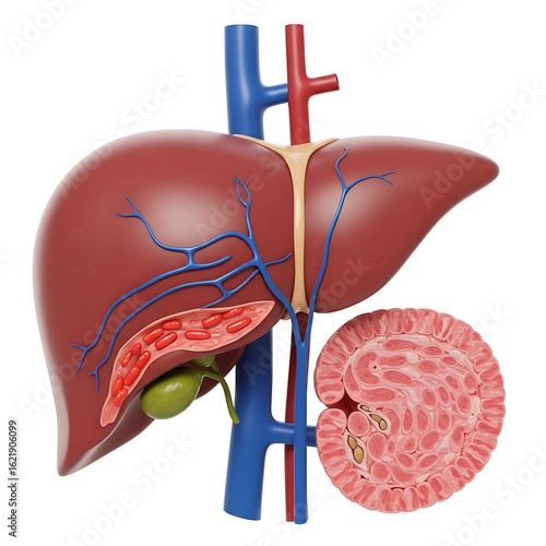 a liver affected by Budd-Chiari Syndrome, showing blockages or narrowing within the hepatic veins, represented by constricted or turbulent areas in the venous network, impacting blood outflow.