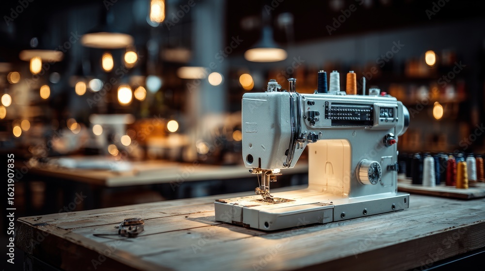 Fototapeta premium Vintage sewing machine on wooden table in creative workshop