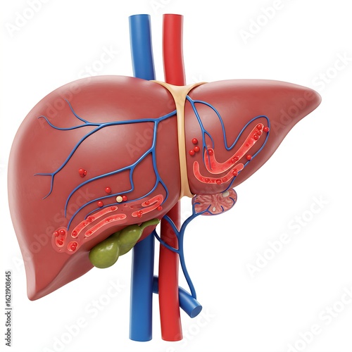 a liver affected by Budd-Chiari Syndrome, showing blockages or narrowing within the hepatic veins, represented by constricted or turbulent areas in the venous network, impacting blood outflow.