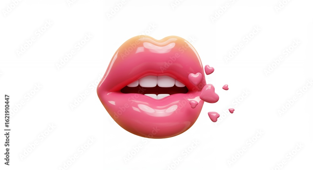 Fototapeta premium Pink glossy kissing lips with hearts