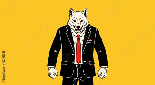 Vector SVG Illustration of Wolf Head in Business Suit Flat Style with Red Tie on Yellow Background