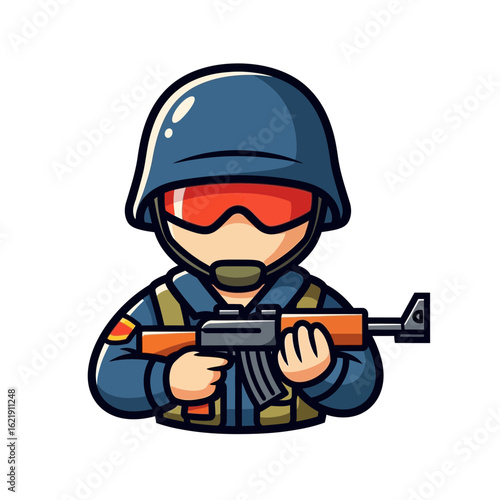 Vector SVG Illustration of Soldier with Rifle in Modern Flat Style Featuring Helmet and Goggle Elements in Blue and Orange Colors