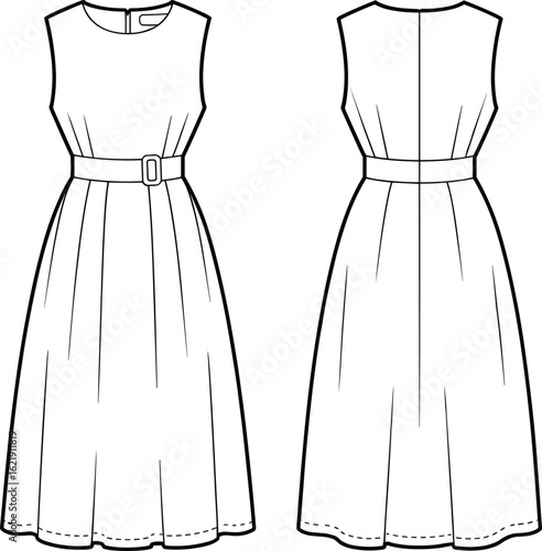 Elegant sleeveless belted midi dress fashion flat sketch, front and back technical drawing, vector outline template, clothing design for garment production and catalog.
