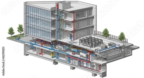 Detailed building infrastructure schematics with HVAC and plumbing systems displayed inside