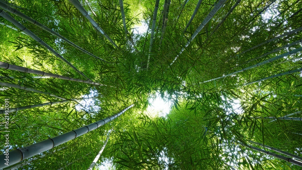 Fototapeta premium Looking up through tall green bamboo stalks towards the sunlit canopy