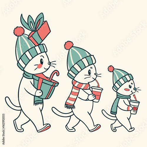 March of happy cats in oversized winter hats and scarves, holding candy cane lattes and gifts. Stylized vector pattern, clean lines, soft festive pastels — cherry, frost blue, mistletoe green. For kid