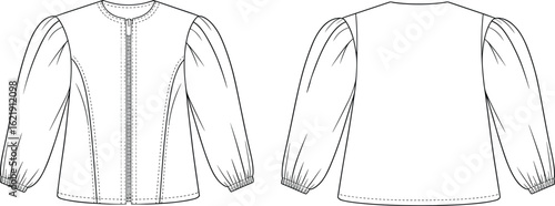 Women's Fashionable Blouse with Puff Sleeves and Zipper Front Closure, Technical Flat Sketch, Front and Back Views, Ideal for Apparel Design, Elegant, and Casual Wear.
