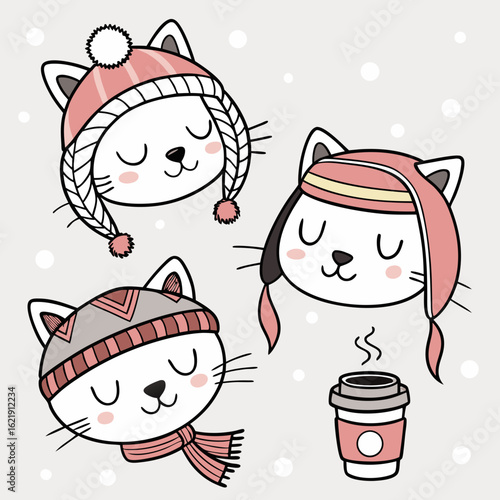 Set of vector illustrations: cute cat faces wearing different ear-flap hats — one with braids, one with pom-poms, another with a mini scarf. Each cat paired with a coffee cup, subtle snowy texture ove