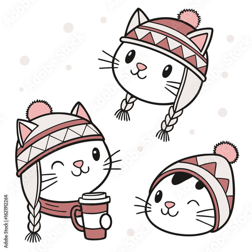 Set of vector illustrations: cute cat faces wearing different ear-flap hats — one with braids, one with pom-poms, another with a mini scarf. Each cat paired with a coffee cup, subtle snowy texture ove