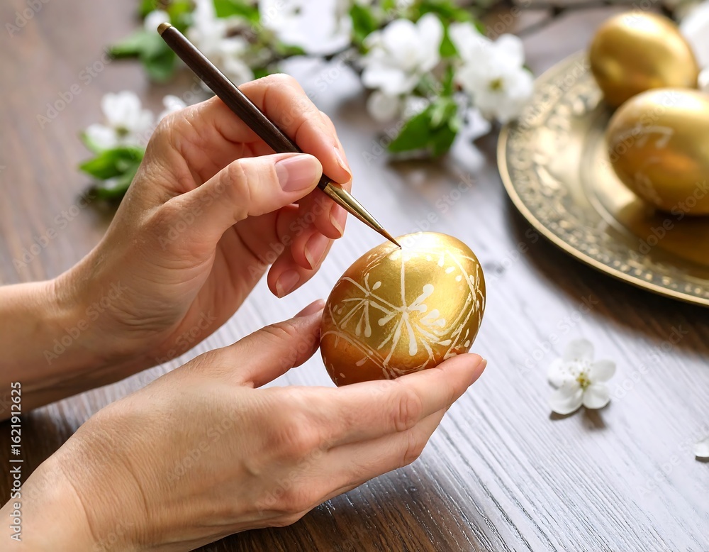 Fototapeta premium Hands decorating a golden Easter egg