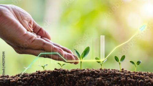 Hand nurturing young plants with a growing financial graph overlay