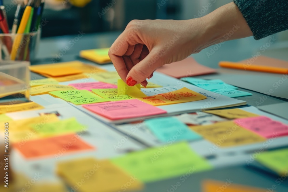 Fototapeta premium Close-up of hand placing sticky notes with scribbled ideas on desk, planning a novel, creative workspace