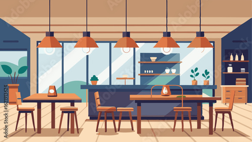 A spacious coffee shop with sleek wooden tables and hanging pendant lights.