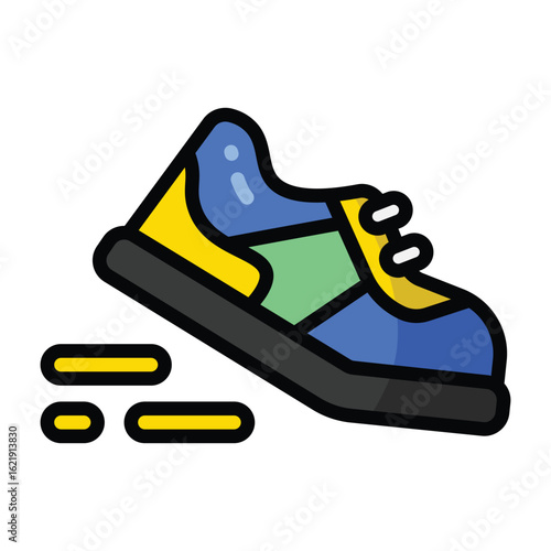 Colorful running shoe in blue, yellow, and green with motion lines, flat cartoon style, ideal for sports, fitness, marathon, training, and active lifestyle themes on white background.