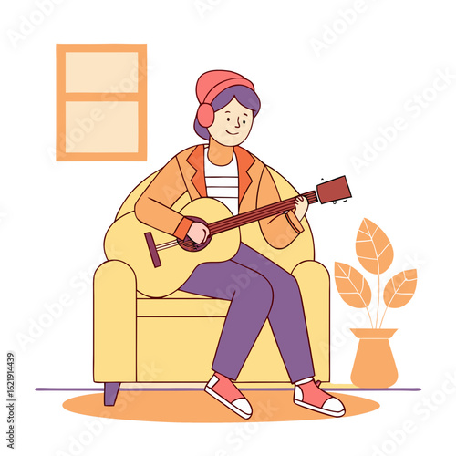 Harmony at Home: A person engrossed in music, strumming a guitar while seated comfortably on a chair, accompanied by the subtle presence of indoor foliage.