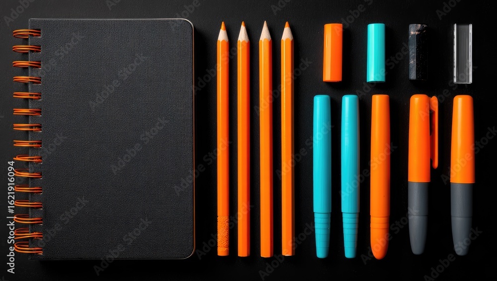 Fototapeta premium Black notebook and assorted orange and teal stationery items on a dark surface