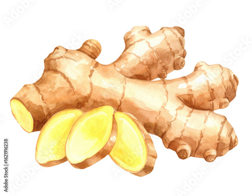 A delicate watercolor painting of fresh ginger with sliced pieces