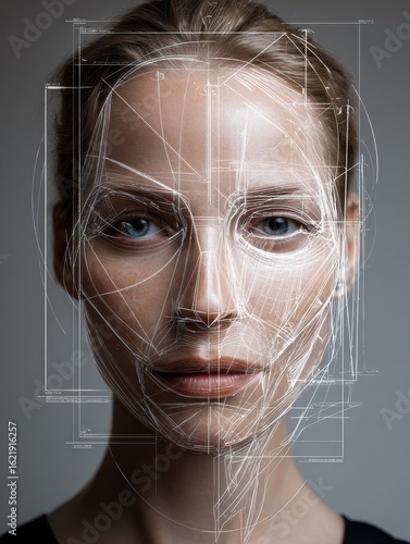 Female Face Highlighted With Facial Symmetry Lines and Anatomical Sketches Overlay, Showcasing Beauty and Structure in an Artistic Manner