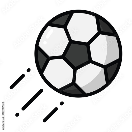 Minimalist soccer ball with black and white panels and motion lines, isolated on white background, perfect for sports designs, websites, and promotional materials.