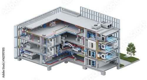 Isometric illustration of a modern building showcasing integrated hvac systems and ductwork design