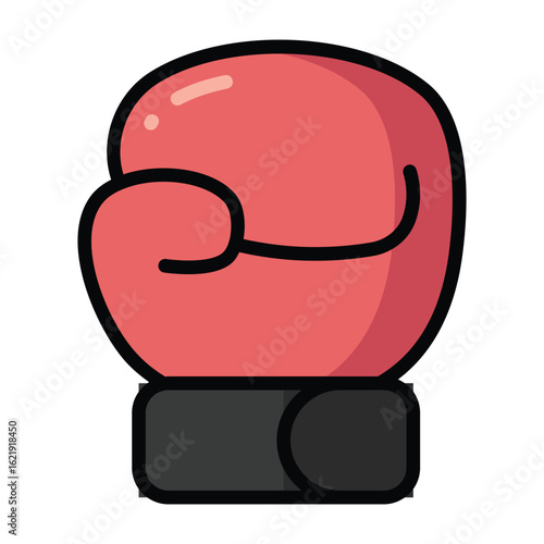 Bright red boxing glove in clean cartoon style with bold outlines. Suitable for sports, martial arts, self-defense, and fitness designs. Set on a white background for flexible use.
