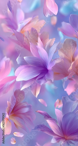 Delicate pastel flowers in soft focus, with petals floating in the air