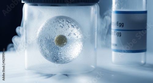 Egg Cell in a Jar with Cryogenic Vapor, Representing Fertility Preservation and Science.