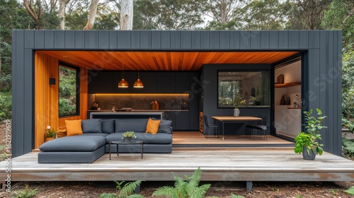 Wallpaper Mural Modern, compact cabin with open-plan kitchen and outdoor seating area Torontodigital.ca