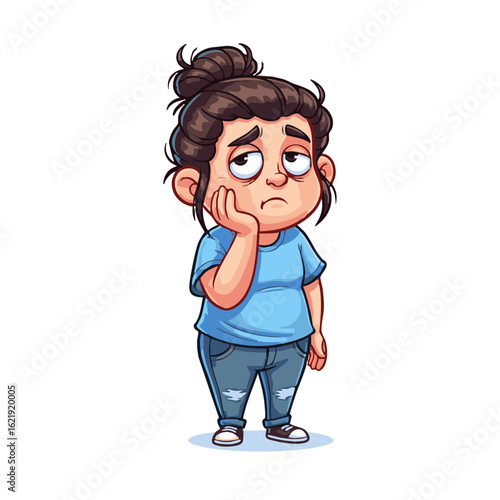 Tired young woman feeling bored and lethargic. A cartoon character illustration showing exhaustion and disinterest.