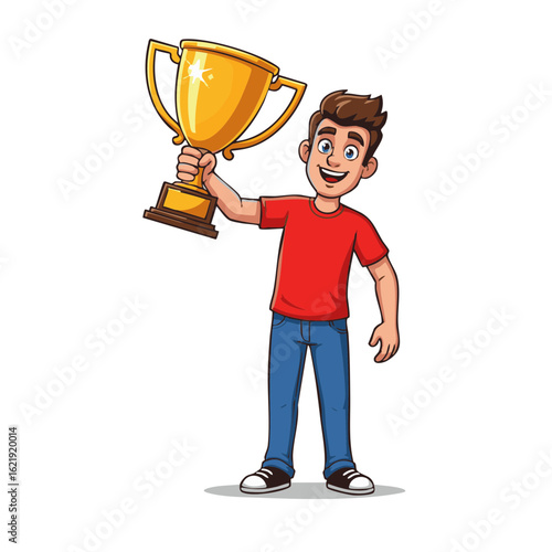 Happy cartoon man celebrating success, holding a big golden trophy. Vector illustration of a proud winner.
