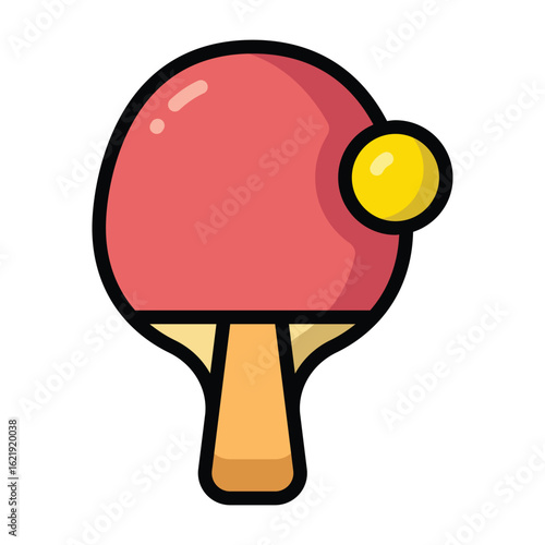 A red table tennis paddle with a yellow ball in a fun, flat cartoon style. Bright and simple design suitable for sports, hobbies, recreation, and fitness-themed digital or print use.