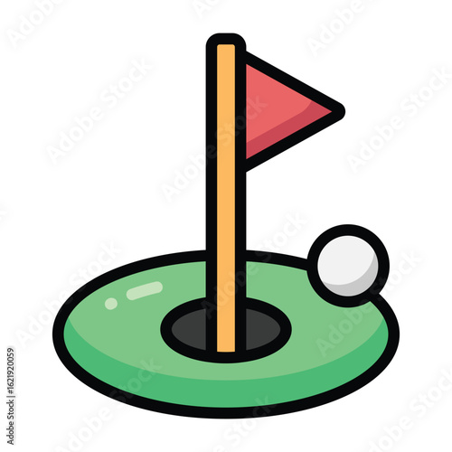 A colorful golf illustration featuring a red flag, white ball, and green putting area. Simple and cheerful design for golf, sports, or outdoor recreation themes in flat cartoon style.
