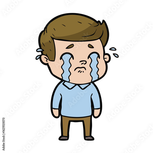 Cartoon illustration of a heartbroken young man crying with tears streaming down his face in sorrow
