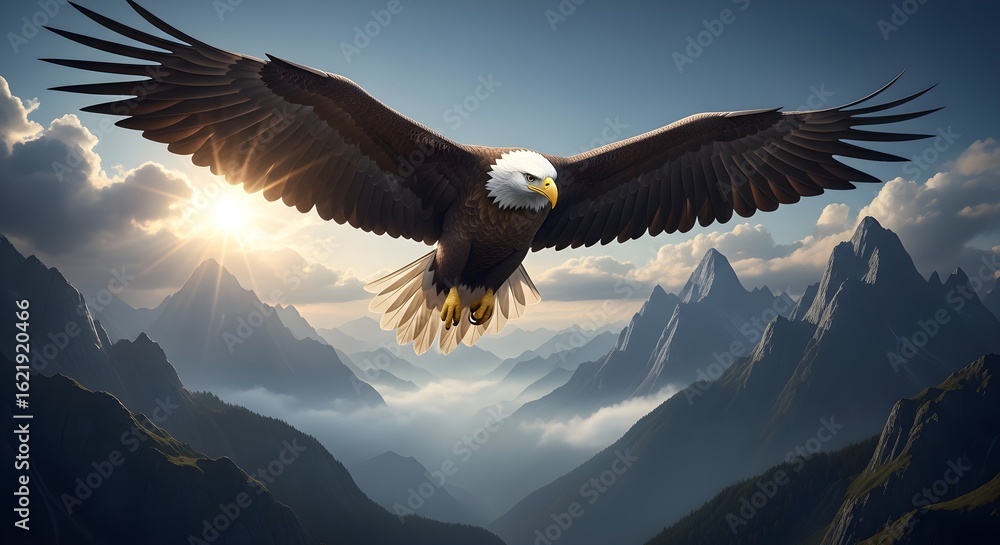 Fototapeta premium Majestic eagle soaring above misty mountains at sunrise represents freedom and power in nature
