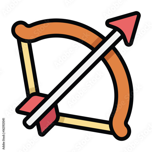 Illustration of a traditional bow and arrow with orange and red tones. Clean, playful design for archery, hunting, sports, or medieval-themed projects in flat cartoon style.