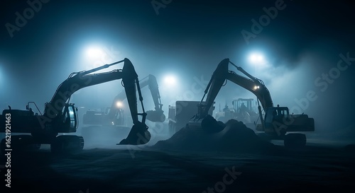 Silhouette of heavy machinery at night creating a dramatic industrial scene