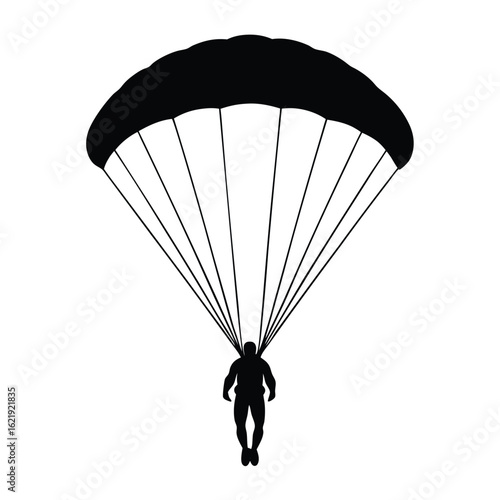 Black silhouette person descending under parachute
