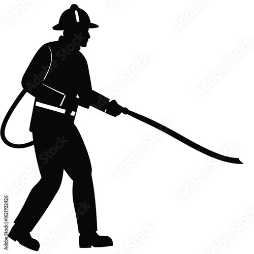 Firefighter holding hose silhouette helmet uniform