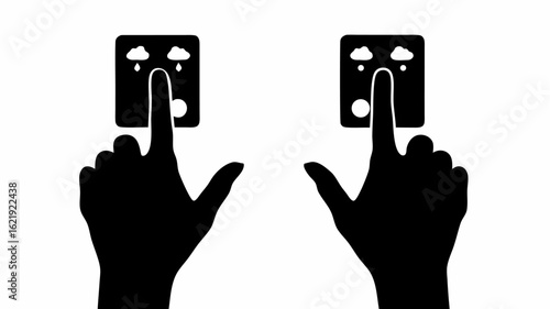 Two hands pressing weather control buttons with rain clouds and sun icons on a white background scene silhouette