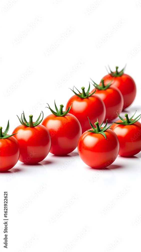 Fresh tomatoes in a diagonal line against a white background Fresh tomatoes in a diagonal line against a white background