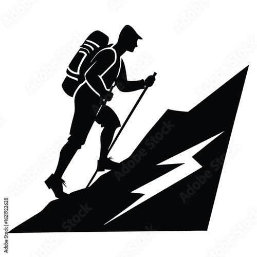 Hiker climbing steep mountain peak silhouette