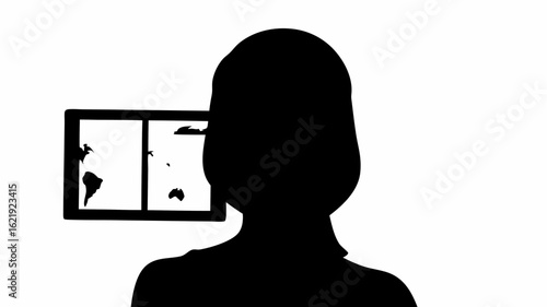 Silhouette of a woman in front of a world map displayed on a screen with continents and landmasses shown