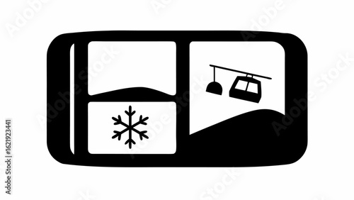 Black and white icon depicting a ski resort scene with a snowflake, snow, and a ski lift gondola car above slope silhouette