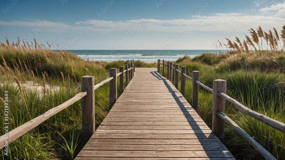 Fototapeta premium Boardwalk to Beach over Sand Dunes with Blue Sky