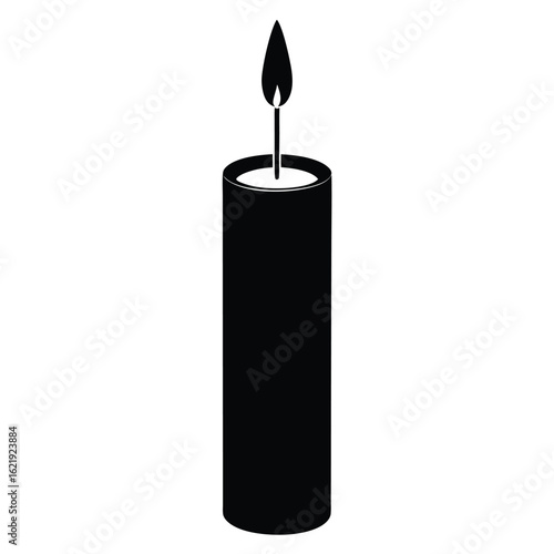 Black candle with flame burning flame wick