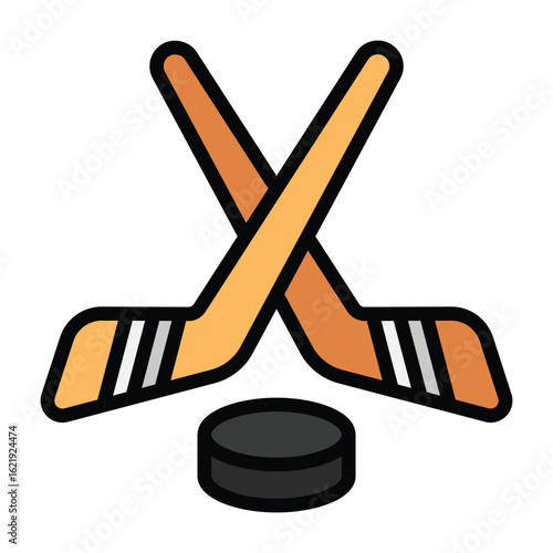 Colorful vector icon of crossed hockey sticks and puck in flat cartoon style. Great for sports apps, websites, game UI, stickers, and athletic-themed visual content.